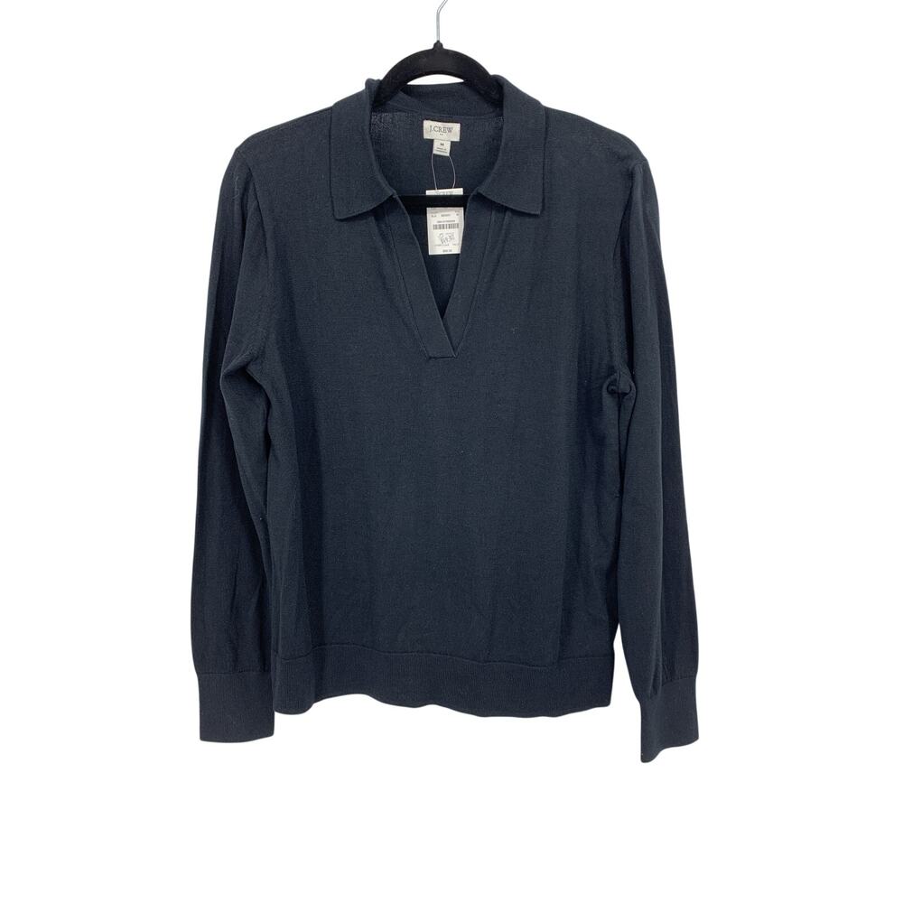 NWT J. Crew Cotton Sweater-Polo Sweater Womens Medium Black V Neck Ribbed